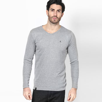Solid Grey Melange V-Neck T-Shirt